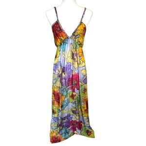 ZINGARA Small 100% Silk‎ Colorful Rainbow Floral Feather Light Maxi Dress Fairy